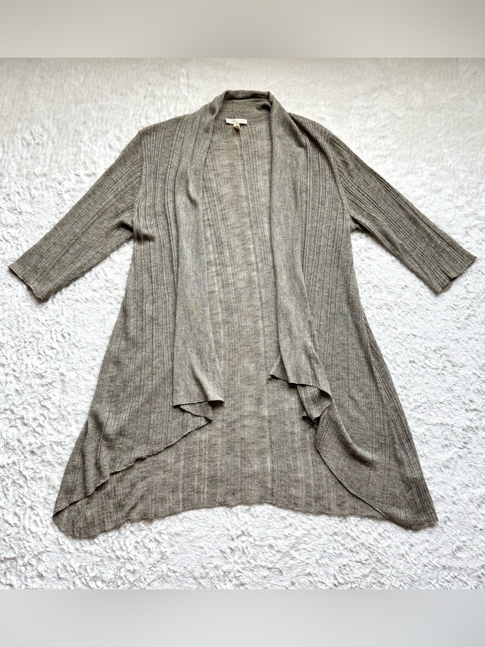Eileen Fisher Linear Karma Texture Ribbed Shaped Linen Cardigan M Open Front